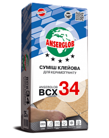 Клей для плитки і керамограніта ANSERGLOB BCX 34 (Ансерглоб ВСХ 34) 25кг